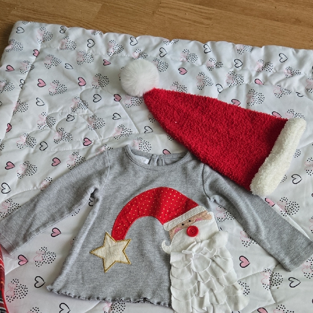 Festive Gray Santa Top with Red Hat